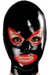 Capuche En Latex Noir Avec Fermeture À Glissière Arrière À Bord Rouge Bouche Ouverte Pour Masque En Caoutchouc Catsuit Tenue 