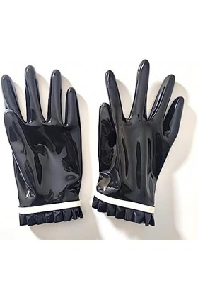 Gants Courts En Latex Noir Avec Bords En Dentelle Plissée 0,4 Mm Dépaisseur Club Party Wear Costume Pour Robe Catsuit,Grand