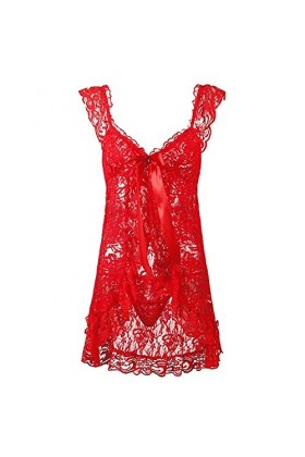 Lingerie Femme Sexy Cardigan Sexy Bretelles Pyjama Perspective Robe Transparent Mesh Vêtements de Nuit Rouge M Rouge 6XL 