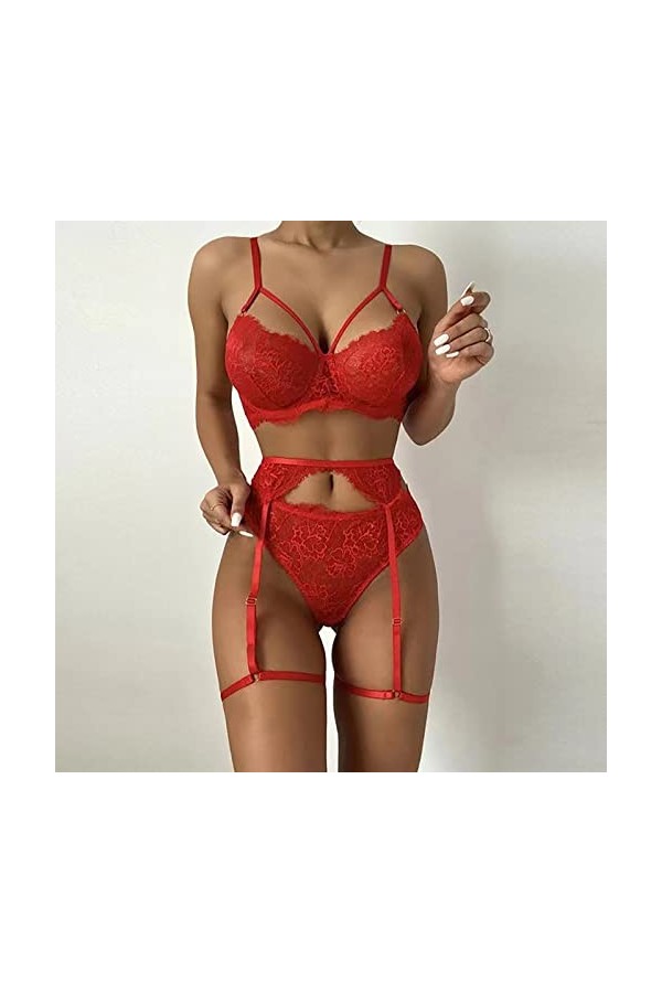 AKAZI Lingerie de Charme pour Femmes, Mini Nuisette Sexy à Licou, Lingerie Sexy, Costume Une pièce en Dentelle, Noir, M Noir