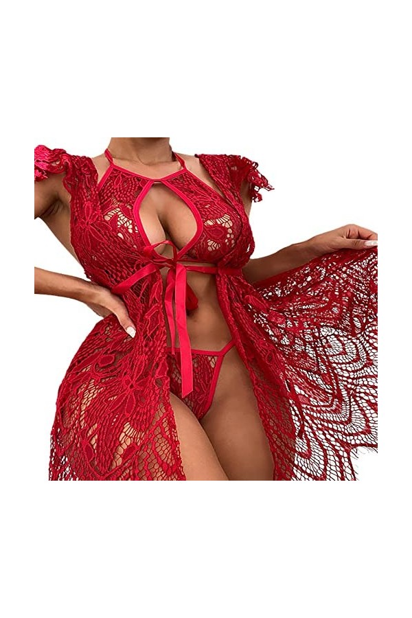 AKAZI Lingerie de Charme pour Femmes, Mini Nuisette Sexy à Licou, Lingerie Sexy en Dentelle, Costume Sexy tentant, Noir, L N