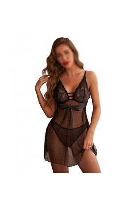 AKAZI Lingerie Sexy, Lingerie Femme Tempting Sexy, Lingerie Sexy, Chemise de Nuit à Cravate en Maille, Noir, L Black S 