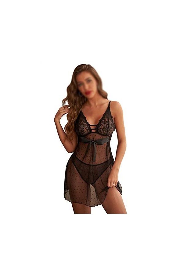 AKAZI Lingerie Sexy, Lingerie Femme Tempting Sexy, Lingerie Sexy, Chemise de Nuit à Cravate en Maille, Noir, L Black S 