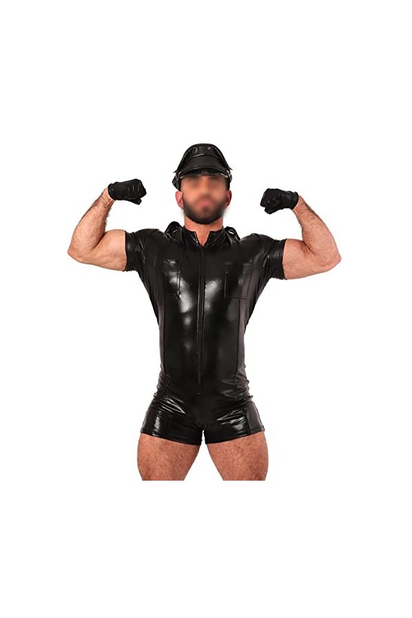 Combinaison Short en Cuir Verni pour Homme Sexy à Manches Courtes Justaucorps Brillant Look Humide Body Clubwear avec Chapeau