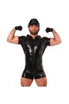Combinaison Short en Cuir Verni pour Homme Sexy à Manches Courtes Justaucorps Brillant Look Humide Body Clubwear avec Chapeau