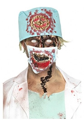 Smiffys Kit de chirurgien zombie, Bleu, avec masque en latex bouche arrachée et chapeau