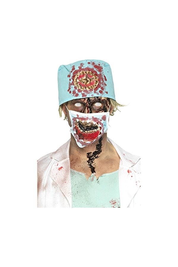 Smiffys Kit de chirurgien zombie, Bleu, avec masque en latex bouche arrachée et chapeau
