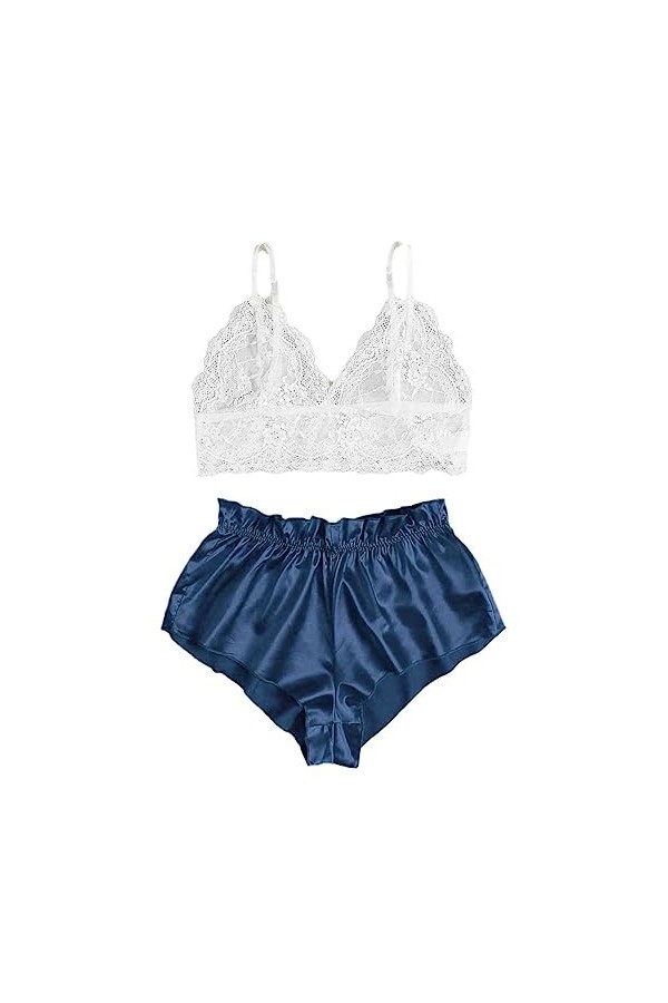 Lingerie Sexy pour Femme Coquine en Dentelle Sexy avec Soutien-Gorge et Culotte - Bleu Marine Bleu Marine S 
