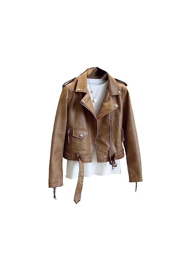 Fjnbbiot Printemps Automne Femmes Veste En Simili Cuir Mince Streetwear Manteau En Cuir Veste De Moto Auburn S