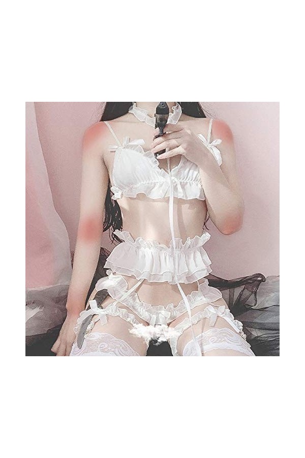 Ensemble de Lingerie Sexy, Ensemble de Lingerie Sexy pour Femmes Mignon Volants Dentelle Nuisette Blanc Noir Pyjamas Cosplay 