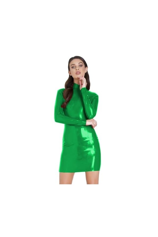 JQYTEN Wet Look Turtleneck Long Sleeve Dress Women Glossy PVC Bodycon Party Mini Dress Sexy Club Back Zipper Short Clubwear