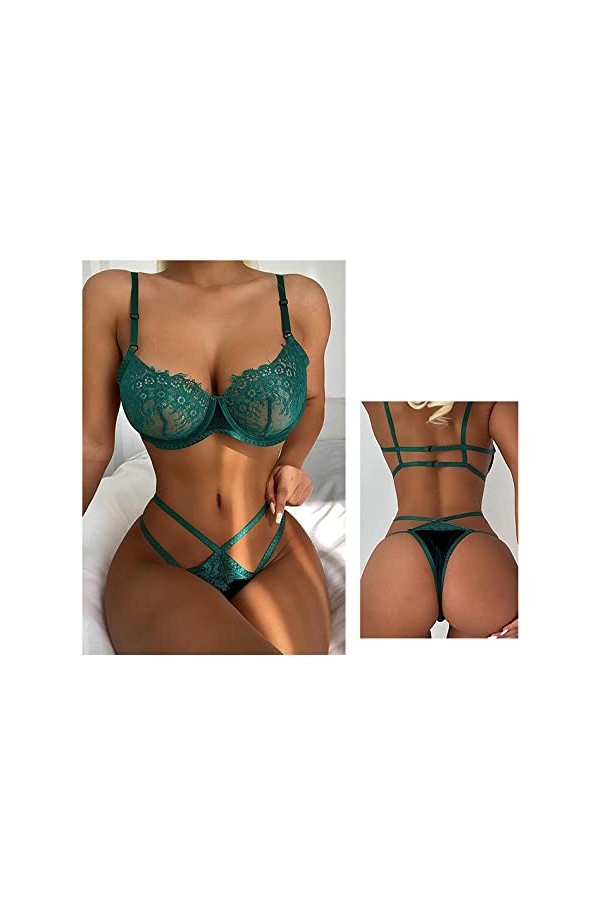 RWRAPS Sexy et sexy dentelle creuse dentelle bandage costume dentelle couture velours sexy costume deux pièces vert S Fuch