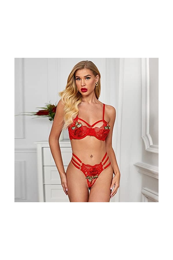 RWRAPS Nouvelle Broderie de Dentelle Sexy et intéressante Ensemble de sous-vêtements fendus Chauds Tentation Sexy Noir L R