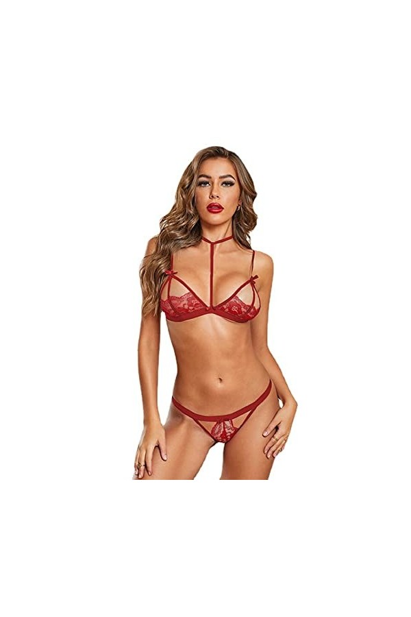 Dentelle sexy tentation trois points nouveau costume de flirt Noir S Rouge S Rouge S 