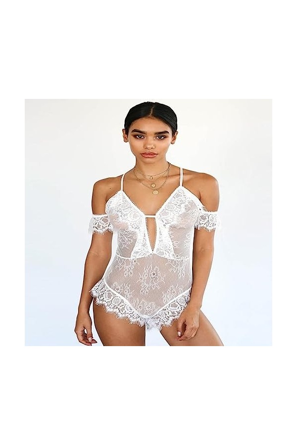 RWRAPS Lingerie Sexy pour Femme Coquine Sexy séduction Femme Qui fuit Poitrine Dentelle Pure Sexe Combinaison Collants Blanc