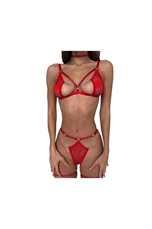 Lingerie Sexy pour Femmes, Ensemble de Quatre pièces Transparent en Maille, Poitrine exposée