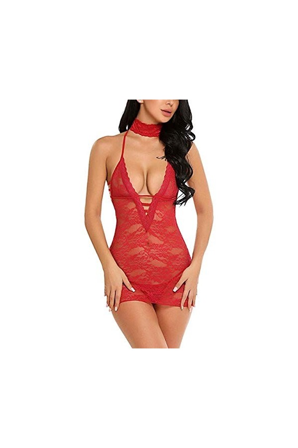Ensemble de lingerie sexy, lingerie en dentelle pour femme sexy licou en V profond une pièce robe transparente body chemise d