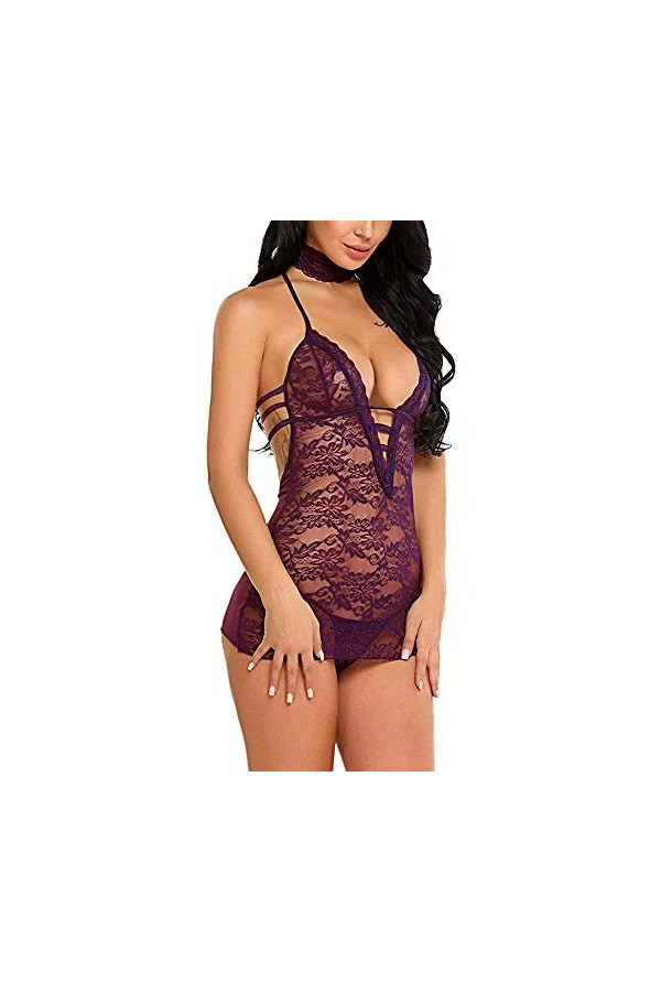 Ensemble de lingerie sexy, lingerie en dentelle pour femme sexy licou en V profond une pièce robe transparente body chemise d