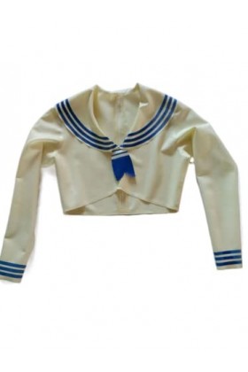 Veste sexy 100% latex Rubber Gummi White, Blue Trim, collier de poupée, élégant, confortable, jeu de rôle, fête 0,4 mm