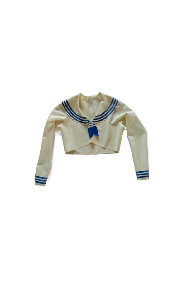 Veste sexy 100% latex Rubber Gummi White, Blue Trim, collier de poupée, élégant, confortable, jeu de rôle, fête 0,4 mm