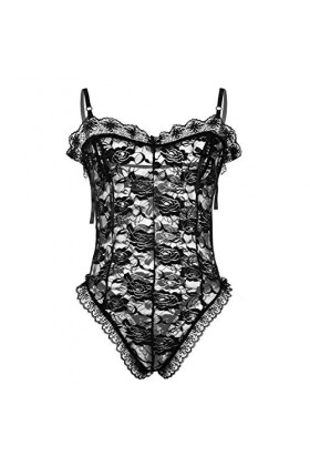 Bretelles de Lingerie Sexy pour Hommes Voir à Travers la Dentelle Floral Nipple Splits avec Ruban Sissy String Body Couleur 