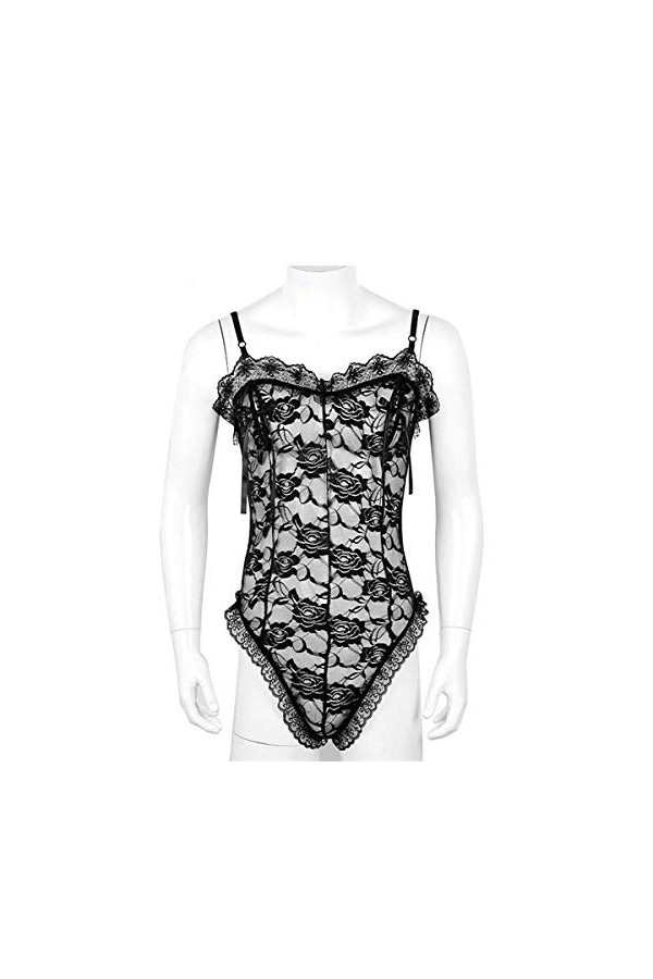 Bretelles de Lingerie Sexy pour Hommes Voir à Travers la Dentelle Floral Nipple Splits avec Ruban Sissy String Body Couleur 