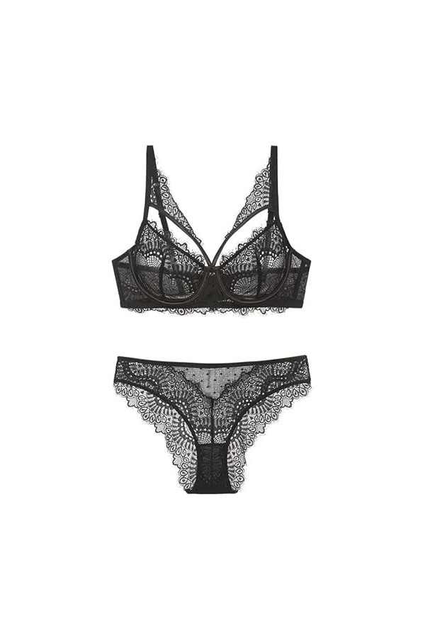Lingerie Sexy Femmes Dentelle Push Up Underwire Broderie Motif Évider Dos Soutien-Gorge Et Culotte Ensemble Couleur : Noir, 