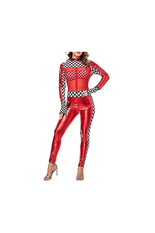 VETCS Combinaison en Cuir Verni Sexy Pour Femmes Une Pièce Rouge Combinaison de Course dépissure de Maille À Manches Longues