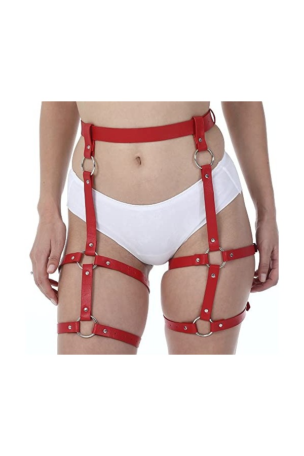 Cuir Leg Harnais Cage Ceintures Jarretières Ceinture PU Cuir Punk Gothique Anneau Jarretière Rouge