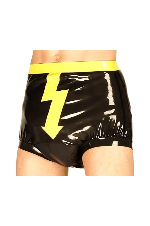 Couche en latex sexy noir et jaune avec garnitures éclair shorters en caoutchouc lâchement smocking, noir avec blanc, XS masc