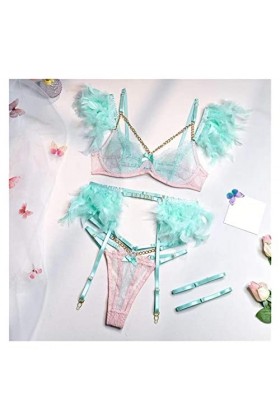 KOZYOU Lingerie erothique Ensemble de Lingerie en Plumes Femmes 3 pièces Lingerie délicate Ensemble de Soutien-Gorge en Dente