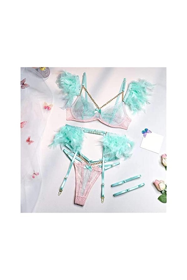 KOZYOU Lingerie erothique Ensemble de Lingerie en Plumes Femmes 3 pièces Lingerie délicate Ensemble de Soutien-Gorge en Dente