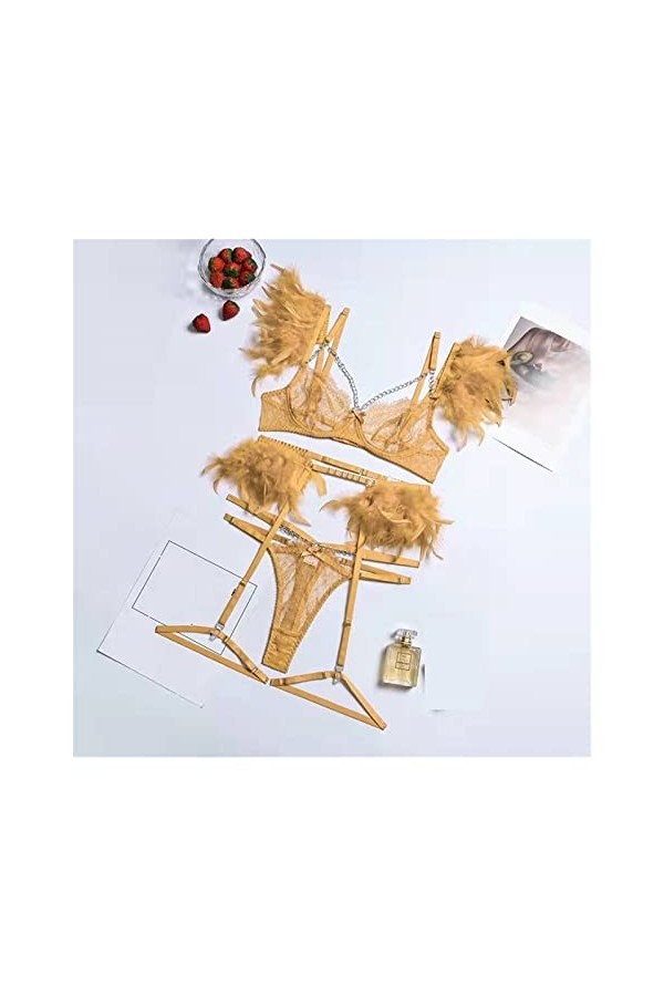 KOZYOU Lingerie erothique Ensemble de Lingerie en Plumes Femmes 3 pièces Lingerie délicate Ensemble de Soutien-Gorge en Dente