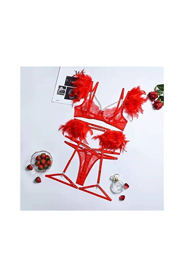KOZYOU Lingerie erothique Ensemble de Lingerie en Plumes Femmes 3 pièces Lingerie délicate Ensemble de Soutien-Gorge en Dente