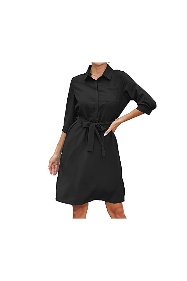 CHYSP Robes-Revers Court de Manches Trois-Quarts Femme Robes Solides Casual Sexy Loose Confortable Bureau Liste de Travail Sw