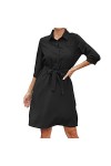 CHYSP Robes-Revers Court de Manches Trois-Quarts Femme Robes Solides Casual Sexy Loose Confortable Bureau Liste de Travail Sw