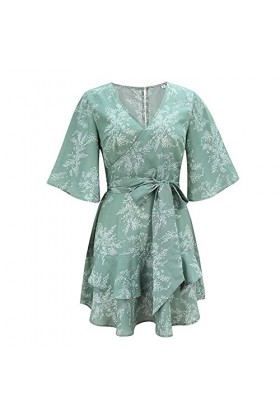 CHYSP Robes Sexy pour Femmes Vert imprimé v-Cou de Cravate Robes Casual Sexy Loose Confortable Jupes Streetwear Color : Gree