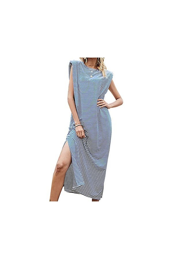 CHYSP Robes Femmes Bleues sans Manches Mid-Longueur A-Line Jupe Robe à Rayures Casual Vacances en Vrac Femmes Streetwear Col