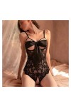 XOUVY Bow Tight Underwear Lingerie Costume Jumpsuit Opening File Lace Patchwork Mesh Triangle Type Pajama Jumpsuit Femelle C