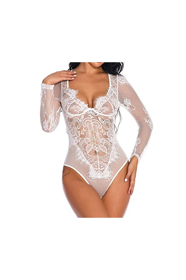 XOUVY Sexy Hollow V-Neck Long-Sleeved Lace Waist Shaping Women’s Underwear Breathable Halter One-Piece Corset Couleur : D, T