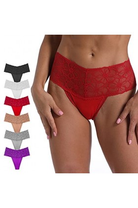 WKFIINM Lot de 6 Tangas Sexy Rétro Coton String pour Femme Taille Haute String Culotte, Lot de 6 strings rétro C, Large