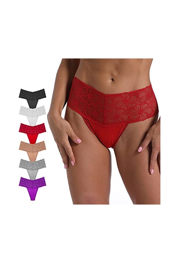 WKFIINM Lot de 6 Tangas Sexy Rétro Coton String pour Femme Taille Haute String Culotte, Lot de 6 strings rétro C, Large