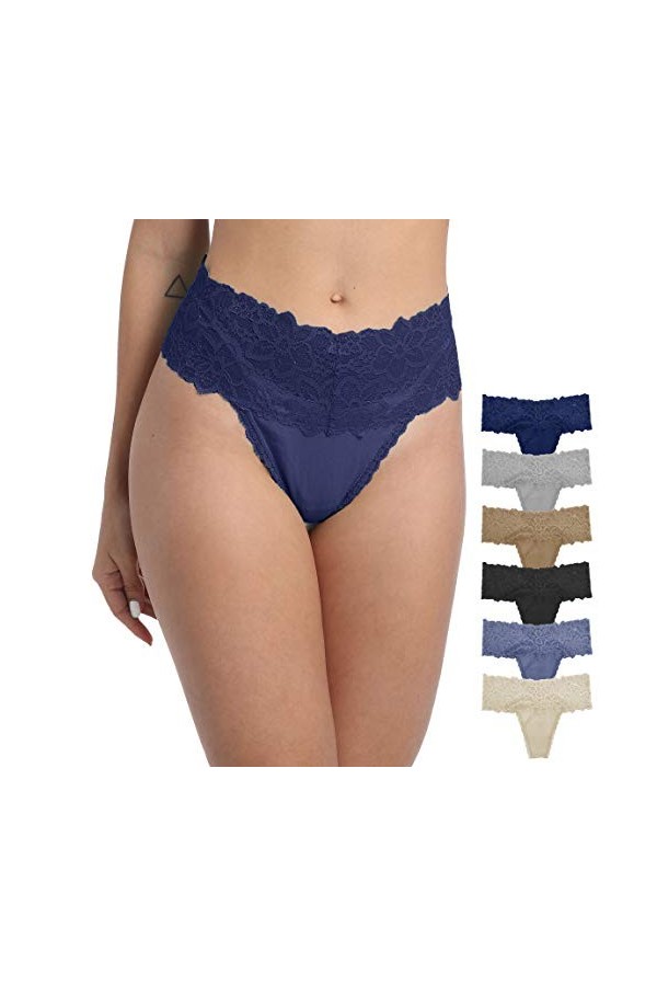 WKFIINM Lot de 6 Tangas Sexy Rétro Coton String pour Femme Taille Haute String Culotte, Lot de 6 strings rétro C, Large