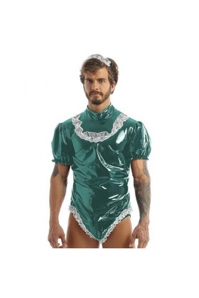 JQYTEN Sexy hommes femme de chambre Cosplay Costume de fête Wetlook dentelle Clubwear Latex manches bouffantes coupe haute ju