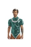 JQYTEN Sexy hommes femme de chambre Cosplay Costume de fête Wetlook dentelle Clubwear Latex manches bouffantes coupe haute ju