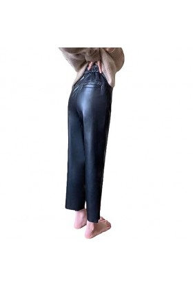 DCIUSTFHE Femmes Sexy Cuir PU Loisirs Patchwork Droit Taille Élastique Pantalon en Cuir Boîte De Nuit Barres DS Scène Vêtemen