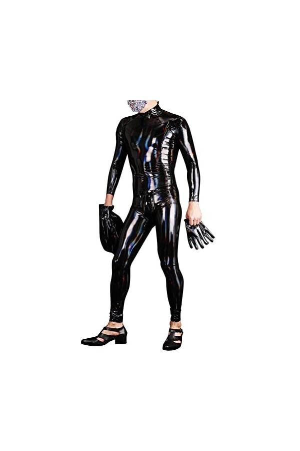 DCIUSTFHE Hommes Sexy Sac Complet Miroir Noir Latex Ammoniacal Fermeture Éclair Combinaison Moulante Boîte De Nuit Bar DS Jeu