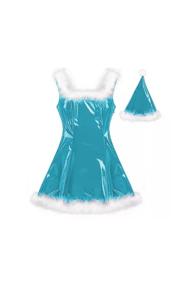 JVHGE 22 Couleurs Femmes Père Noël Brillant Mini Robe Plume Décor Sans Manches PVC Robe Sexy Cosplay Costume De Noël Uniforme