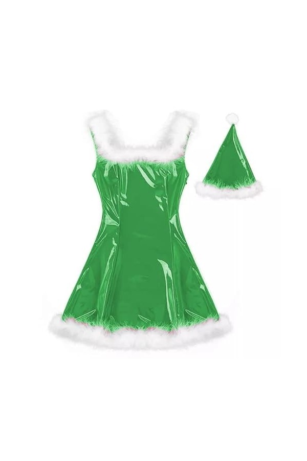 JVHGE 22 Couleurs Femmes Père Noël Brillant Mini Robe Plume Décor Sans Manches PVC Robe Sexy Cosplay Costume De Noël Uniforme