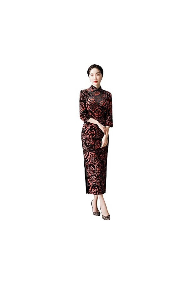 Bervoco Qipao Long col mandarin sexy en velours avec manches à sept points, 9167, XX-Large